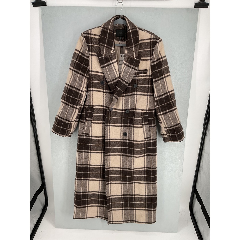 Zara Womens Overcoat Plaid Wool Blend Double Breasted Longline Brown XS - Picture 2 of 6